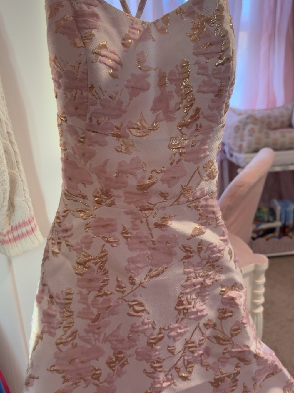 Macy's Pink Homecoming Dress with Gold Floral Jacquard
